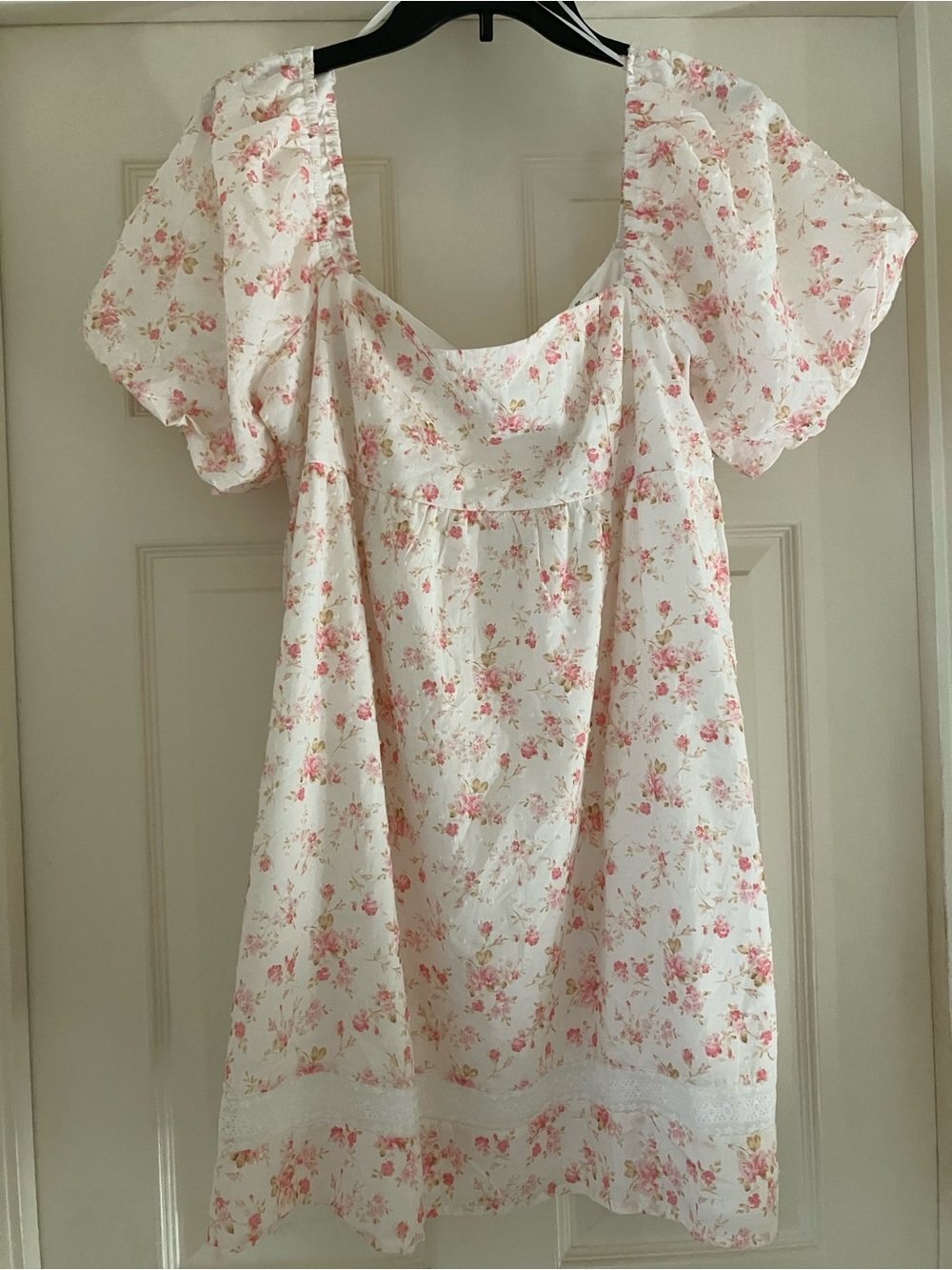 ALTAR'D STATE Puff Sleeve Babydoll Mini Dress Ivory and Pink XL NEW NWT